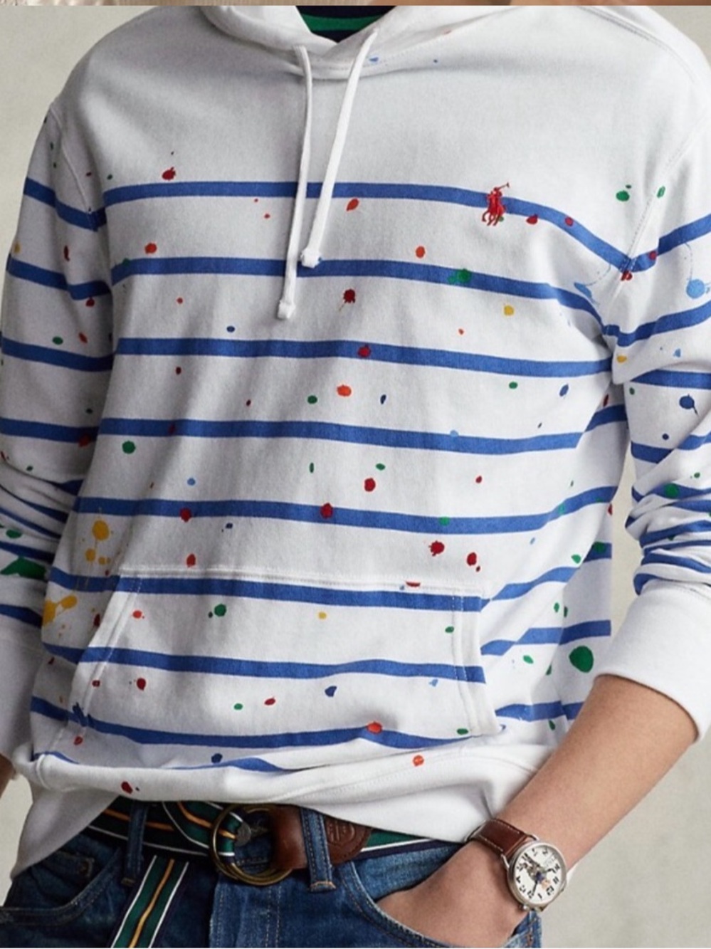 Polo Ralph Lauren Spa Terry Paint Splatter Striped Hoodie White Multi Mens L